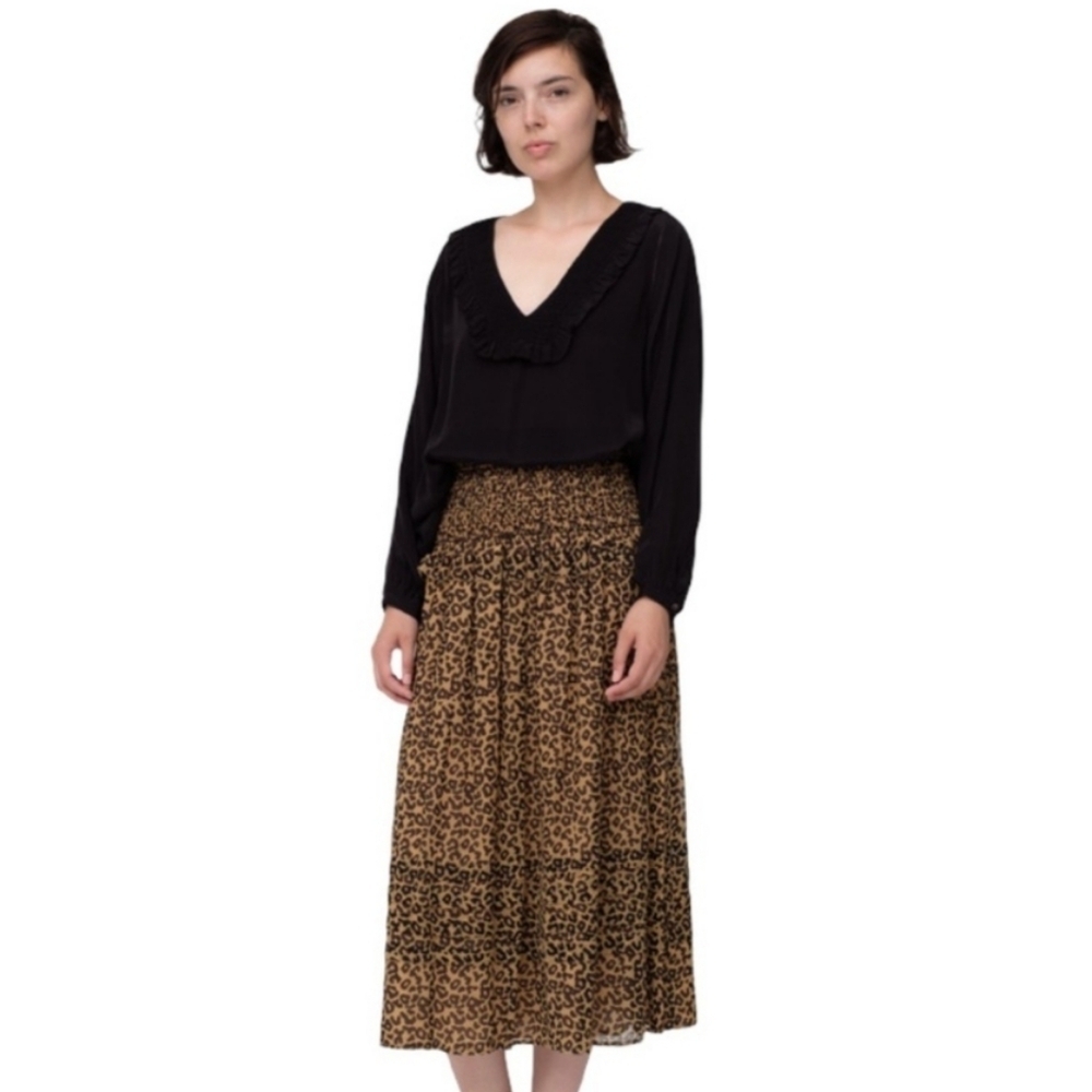 Sea New York Lottie Smocked Leopard Print Midi Skirt Size 2